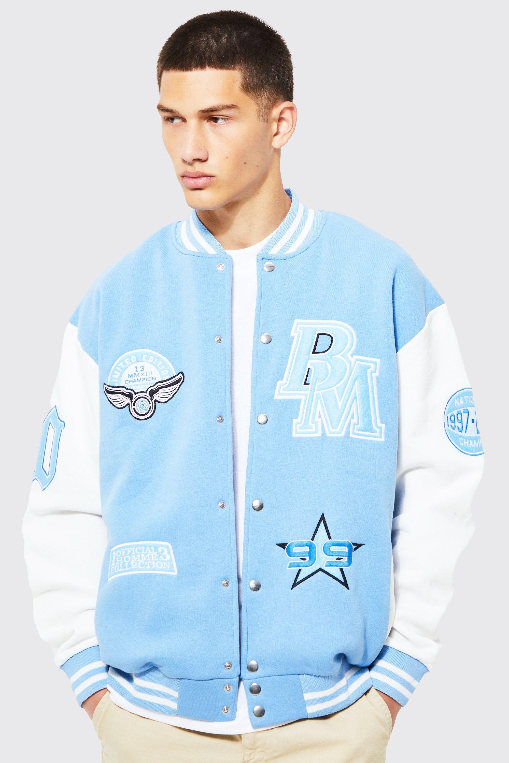 boohooman blue varsity jacket